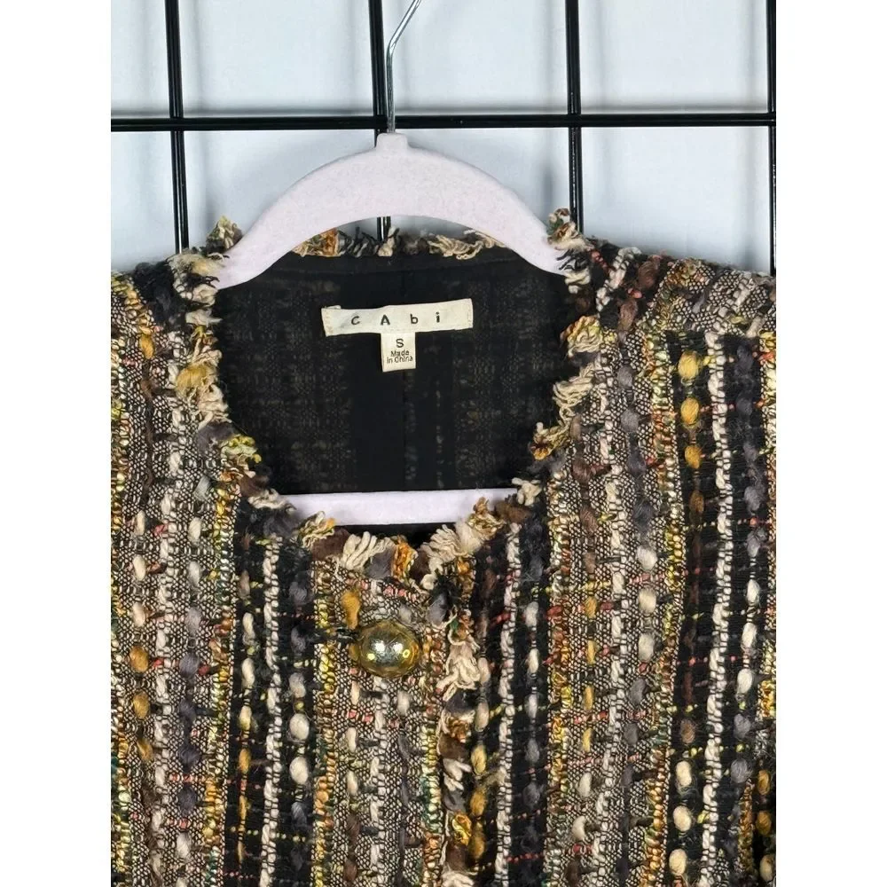 Cabi Paris Wool Blend Boucle Tweed Fringe Blazer Jacket Womens Brown S Boho‎